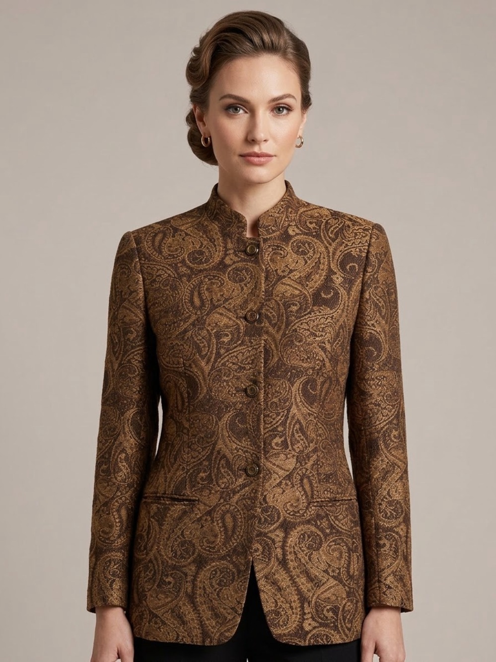 Vintage 100% Wool Brown Gold Metallic Paisley Jacquard Blazer Jacket 8